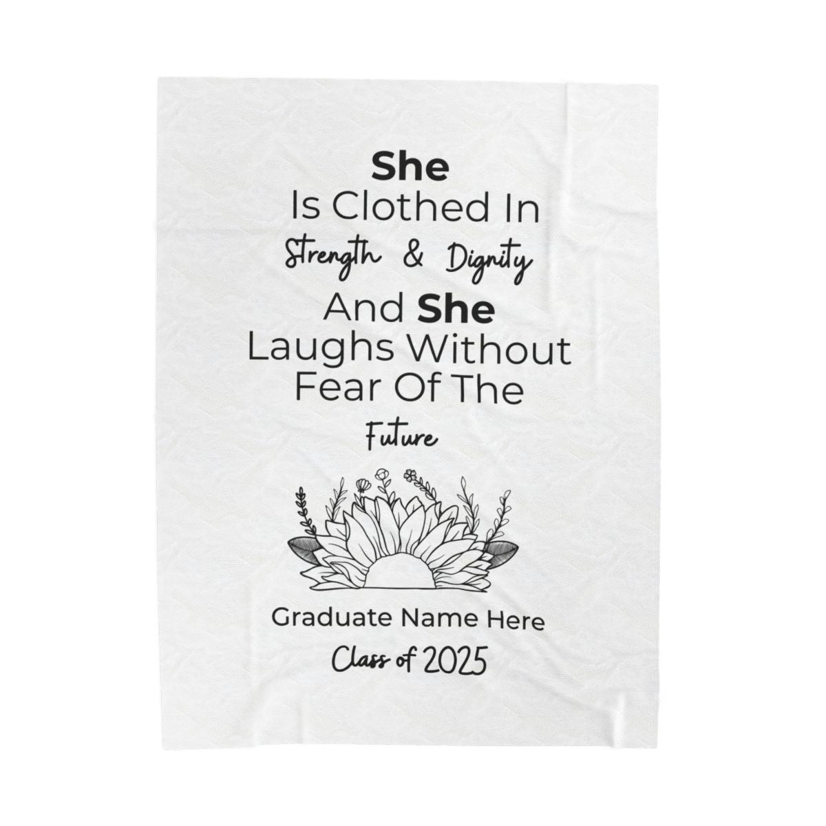 Personalized Graduation Blanket – “She Is Clothed in Strength and Dignity” – Inspirational Gift for Her