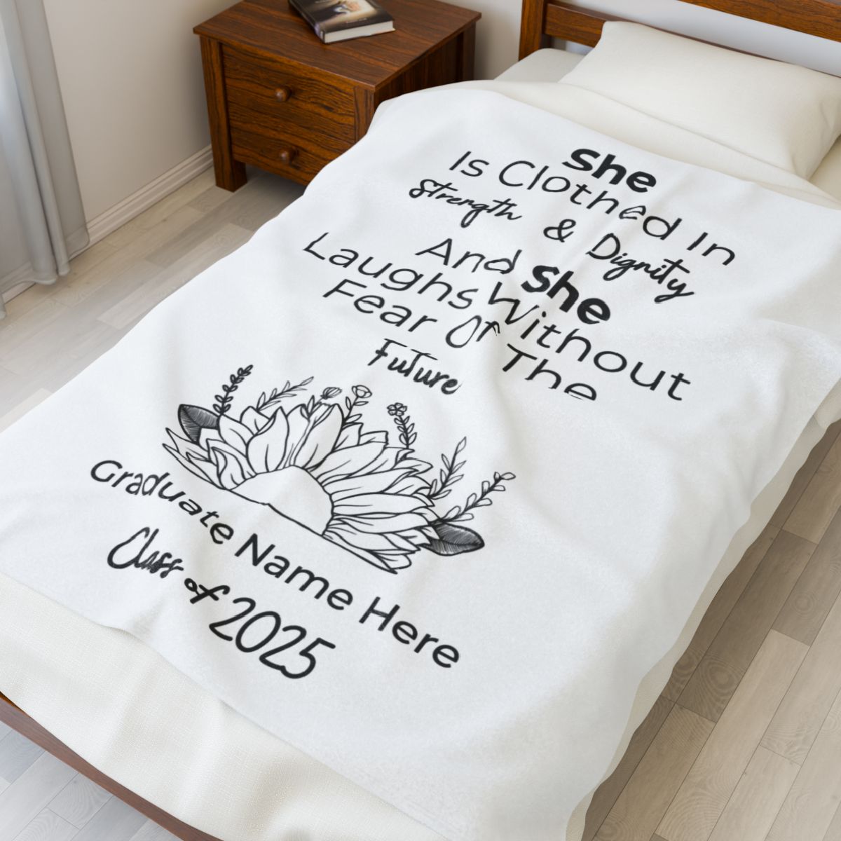 Personalized Graduation Blanket – “She Is Clothed in Strength and Dignity” – Inspirational Gift for Her