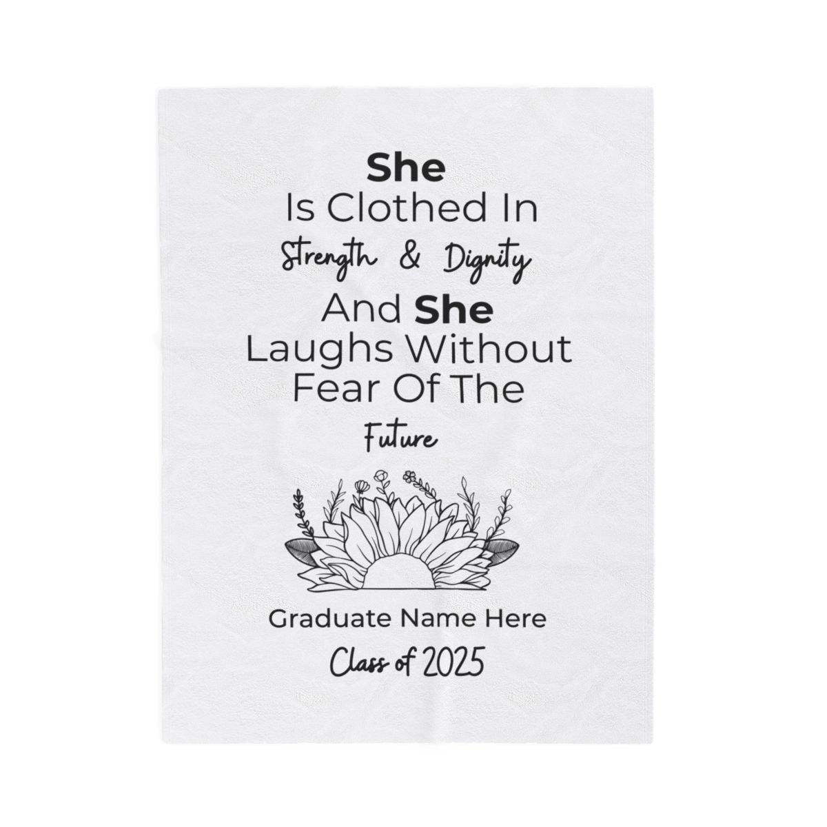 Personalized Graduation Blanket – “She Is Clothed in Strength and Dignity” – Inspirational Gift for Her